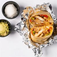 Fajita Burro · Steak or chicken, grilled peppers, tomatoes, onions, rice, whole beans, cheese, served with ...