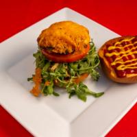 (#4) Cheese Burger · Original 6oz Beef patty, Organic baby arugula, tomato, cheddar cheese, fried onion, ketchup,...