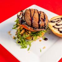 (#6) Portobello Mushroom Burger · Portobello mushroom, Organic baby arugula, tomato, fried onion, gorgonzola cheese, basil sau...