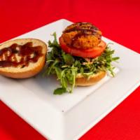 (#7) Veggie Croquette Burger · Potato croquette,Organic baby arugula, tomato, fried onion, Japanese Worcester sauce, Japane...