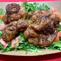 Kara-Age Fried Chicken Salad · Japanese Fried Chicken, original Sweet Soy sauce, Black Pepper, Organic Baby Arugula, Tomato...