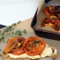 Tofu Vegan Cream Cheese Toast · Oven baked tomatoes, Tofu-vegan cream cheese.