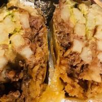 California Burrito · Choice of meat, rice, beans, potatoes, guacamole and cream.
