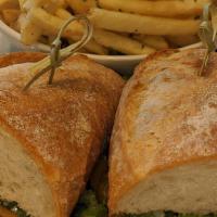 Steak & Horseradish Sandwich · seared flank steak, baby watercress, yellow cheddar, horseradish crème fraiche on our French...