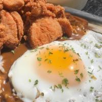 Karaage & Curry · Our signature Karaage chicken / home made curry sauce over rice / fried egg / small salad