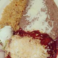 Chile Relleno Plate (1) · Chile relleno served with rice, beans and tortillas.