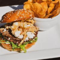 Impossi-Bleu  Burger · Two plant-based smash patties, Point Reyes Blue Cheese, smoked salt crispy onion strings, po...