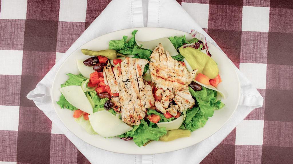 Grilled Chicken Salad · Grilled chicken with Provolone cheese, tomatoes, olives, pepperoncini tossed in our house Italian dressing.