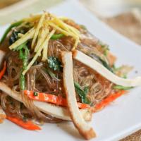 Regular Jap Chae · Pan fried glass noodles with assorted vegetables and tofu cutlet. With or without beef. (잡채)