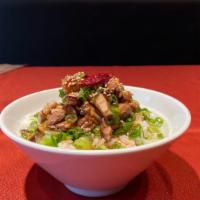 Small Chashu Bowl · Chopped Pork Belly (Chashu) Bowl with special spicy-sweet sauce garnished with green onion.