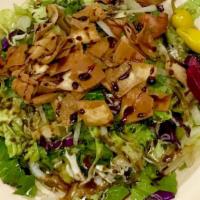 Fatoosh Salad · Vegetarian. Green salad with cabbage, onion, parsley, mint topped with pita chips, and pomeg...