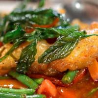 Spicy Catfish · Spicy. Deep fried catfish to golden crispy with thai house spicy sauce.