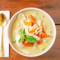 Green Curry · Spicy. Green curry in coconut milk with thai basil and assorted vegetables.