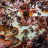 Meat Eater Pizza (Personal) · 4 different savory meats! Pepperoni, sausage, ground beef, Canadian bacon.