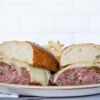 Prime French Dip* · 1270/1100 Cal. warm roast beef, gruyere, caramelized onions, artisan roll, au jus,  served w...