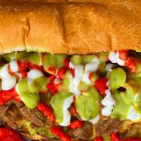 Spiderman Torta · 2 mexican telera bread filled with avocado spread, sour cream, hot cheetos with your choice ...