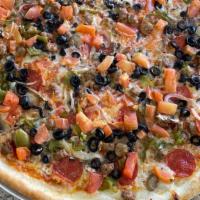 Eatalia’S Supreme · Extra Cheese, Canadian Bacon, sausage, pepperoni, Fresh mushrooms, Green Peppers, Onions, bl...