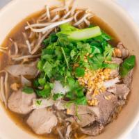 Thai Boat Noodle Soup · Hot and spicy. Noodles with pork or beef with pork liver and tripe in special authentic broth.