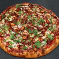 Bbq Chicken Pizza · Grilled chicken breast, red onions, cilantro,our BBQ, and tomato sauce.