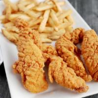 Chicken Tenders Basket · Four hand breaded deep fried chicken breasts, served with French fries.