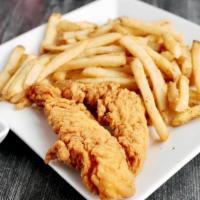 Half Chicken Tenders Basket · Two hand breaded deep fried chicken breasts, served with French fries.