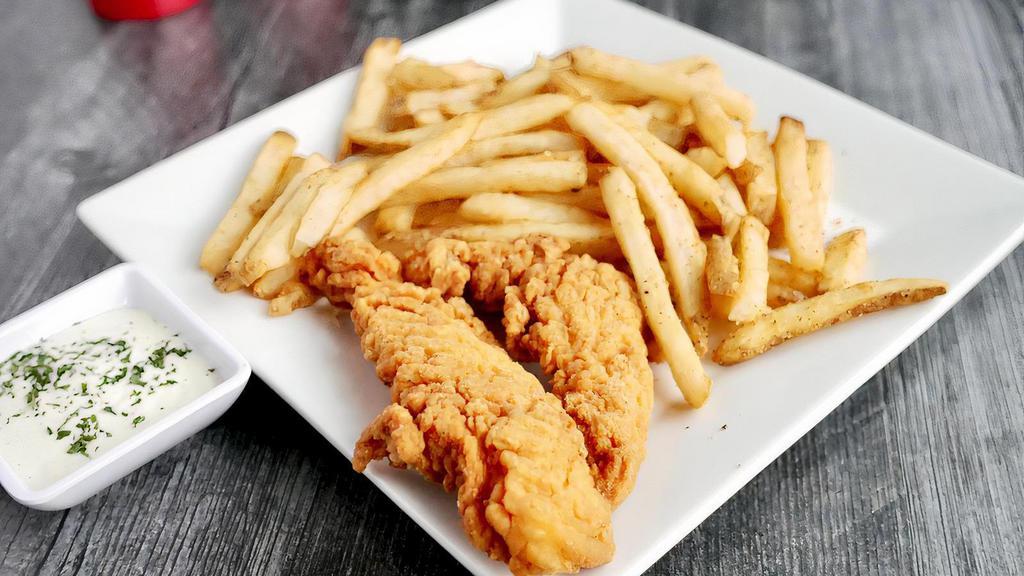 Half Chicken Tenders Basket · Two hand breaded deep fried chicken breasts, served with French fries.