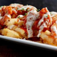 Downtown Buffalo Shrimp Fries · Seasoned fries, with Melted Cheddar and Jack Cheese, bacon bits, crispy breaded Shrimp tosse...