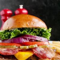 Bacon Cheese Burger · A hefty gourmet charbroiled Angus patty,. hand-prepared and served with Apple wood bacon,. C...