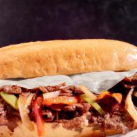 Philly Cheese Steak · Hot, tender sirloin, thinly sliced,. topped with melted Provolone cheese,. grilled bell pepp...