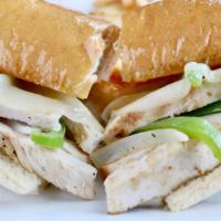 Chicken Philly Cheese · Hot, tender chicken breast, thinly sliced,. topped with melted Provolone cheese,. grilled be...