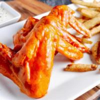 Half Order Of Wings · Three golden-fried whole, grown ass wings (equivalent to 3 flats & 3 drumettes), tossed in o...