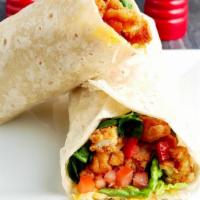 Crispy Chicken Wrap · Two crispy chicken tenders chopped, roasted bell peppers, lettuce, tomatoes and shredded che...