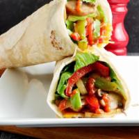 Veggie Wrap · Sauteed mushrooms, onions, tomatoes, roasted bell peppers, shredded cheese, chopped Romaine,...