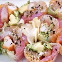 Sashimi Roll · Tuna, salmon, yellowtail, albacore, crab, avocado, wrapped with rice paper