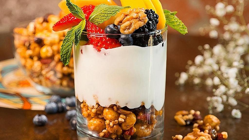 The Cottage Parfait · Our organic Urth Crunch Gluten-Free Cereal layered with organic
Greek yogurt, strawberry jam, mixed berries and seasonal fruit. (Served all day)