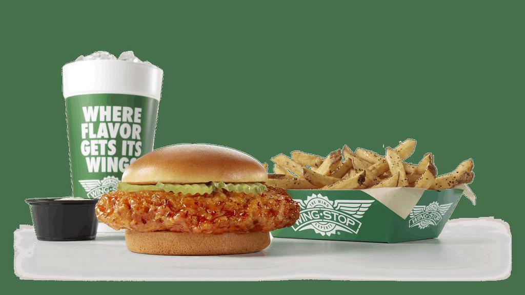 New! Chicken Sandwich Combo · 1 crispy, juicy chicken sandwich with pickles in your choice of flavor, regular fries or veggie sticks, 1 dip and a 20oz drink