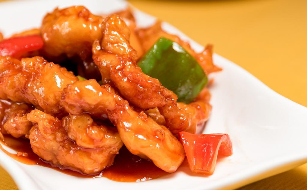 Sweet And Sour Chicken · Spicy. Deep-fried chicken with pineapple, bell pepper & onion in sweet and sour sauce.
