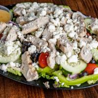 Greek With Chicken · Chicken, fresh crisp romaine, authentic feta cheese, tomatoes, green peppers, red onions, bl...