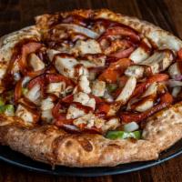 Western Bbq Chicken Pizza · Bbq chicken, red and white onions, bell peppers and tomatoes