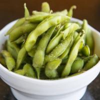 Edamame · Boiled green soybeans, lightly salted.