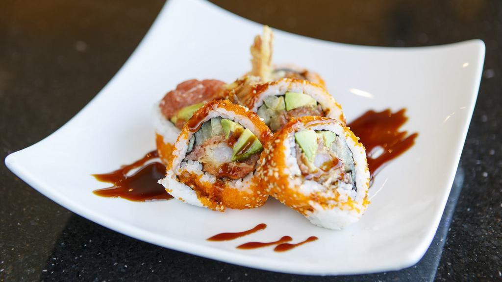 The Tiger Roll · Fresh shrimp tempura topped with boiled shrimp and avocado with sweet chili aioli sauce.