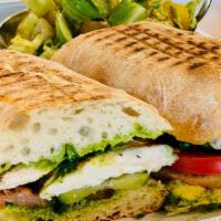 Pollo Verde Panino · Grilled organic chicken breast, grilled zucchini, melted fontina, fresh tomatoes, avocado, a...