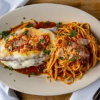 Chicken Parmigiana · Chicken, tomato marinara, grated pecorino, aged mozzarella and spaghetti.