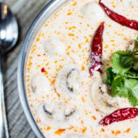 Coconut Soup (Tom Kha) (16Oz Small) · A lemon grass soup with coconut milk and mushroom. Coconut milk makes the soup smoother, yet...