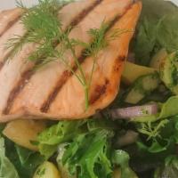 Scottish Salmon Salad · Organic spinach, green kale, organic arugula, tomato, cucumbers, basil, forbidden black rice...
