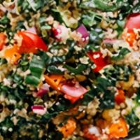 Kale & Quinoa Salad · Green kale, quinoa, romain, tomatoes golden raisins, Parmesan cheese and toasted almonds, wi...