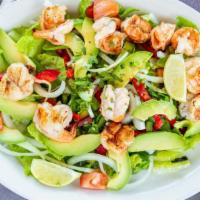 Shrimp Avocado Salad · Chopped romaine lettuce, onion, bell peppers, tomato, avocado, topped with cilantro and ranc...