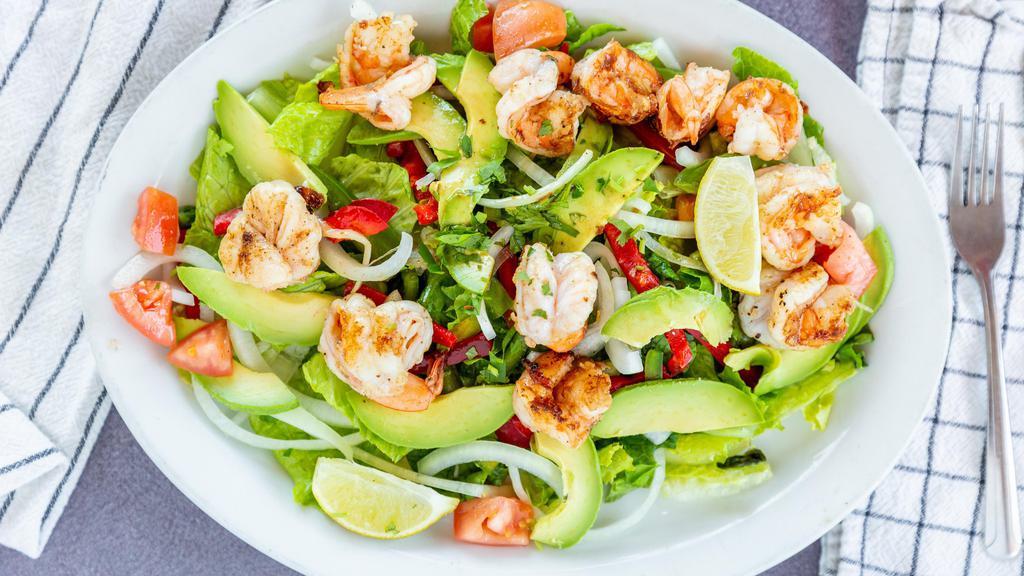 Shrimp Avocado Salad · Chopped romaine lettuce, onion, bell peppers, tomato, avocado, topped with cilantro and ranch dressing on the side.