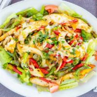 Chicken Fajita Salad · Chopped romaine lettuce, tomato, chicken fajita (grilled chicken breast, onions, and bell pe...