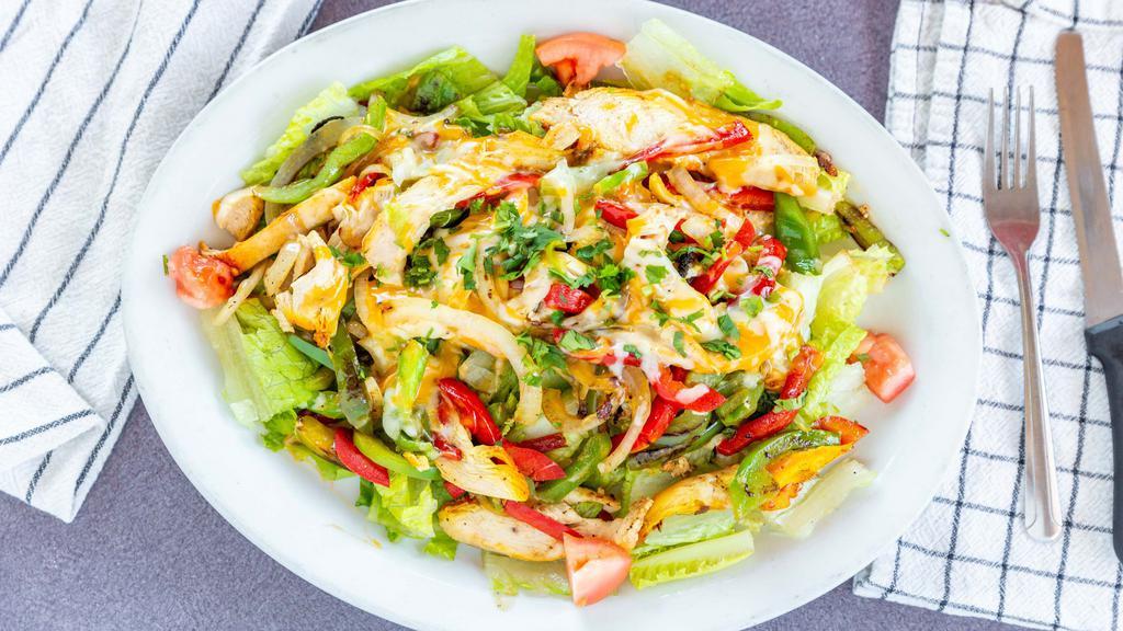 Chicken Fajita Salad · Chopped romaine lettuce, tomato, chicken fajita (grilled chicken breast, onions, and bell peppers), topped with cilantro and ranch dressing on the side,